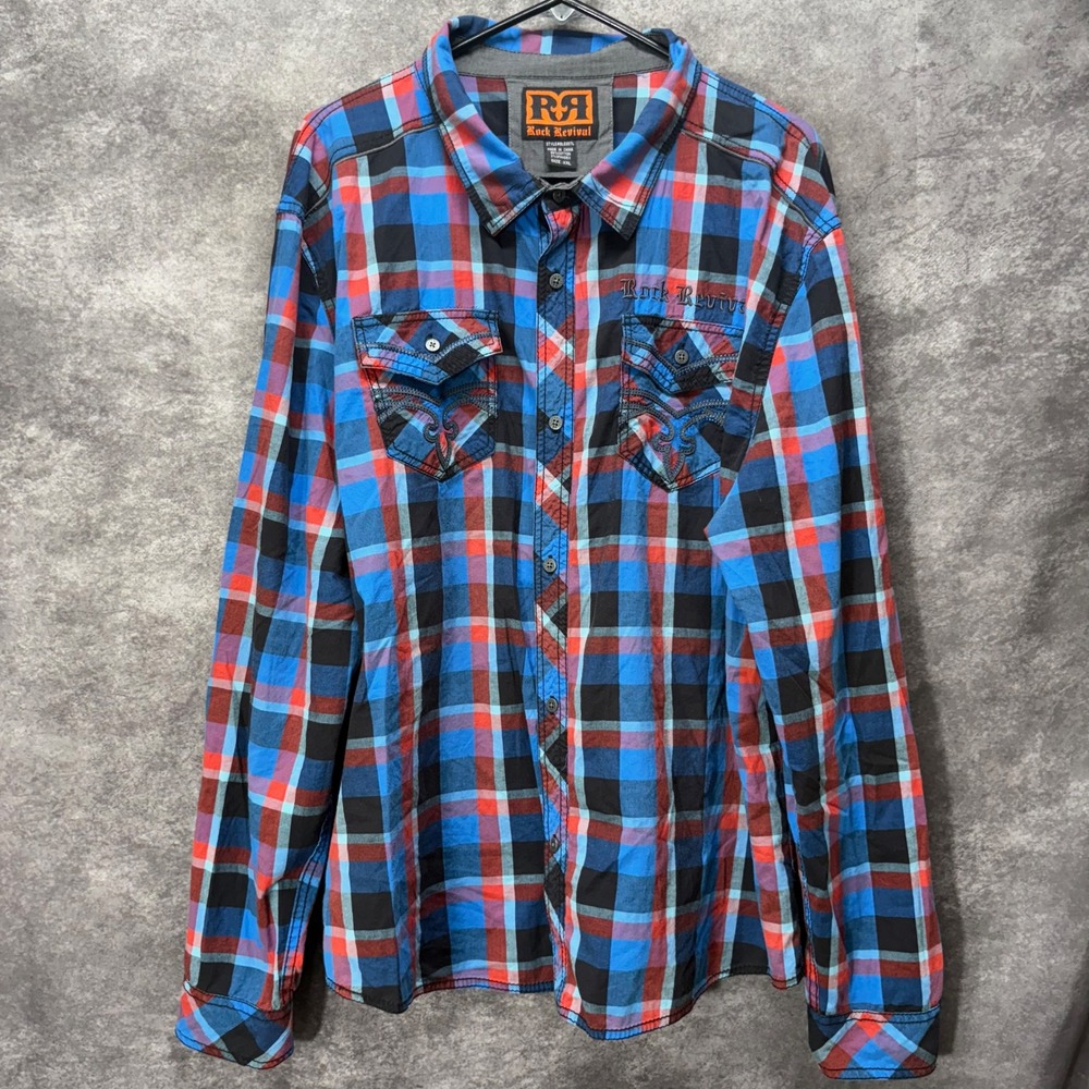 Rock Revival Plaid Pearl Snap Western Shirt Mens Size XXL Blue Red Rockabilly